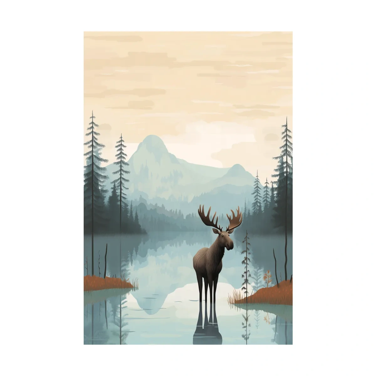 Moose Mountain Lake Illustration - Nursery Forest Mountain Wall Art