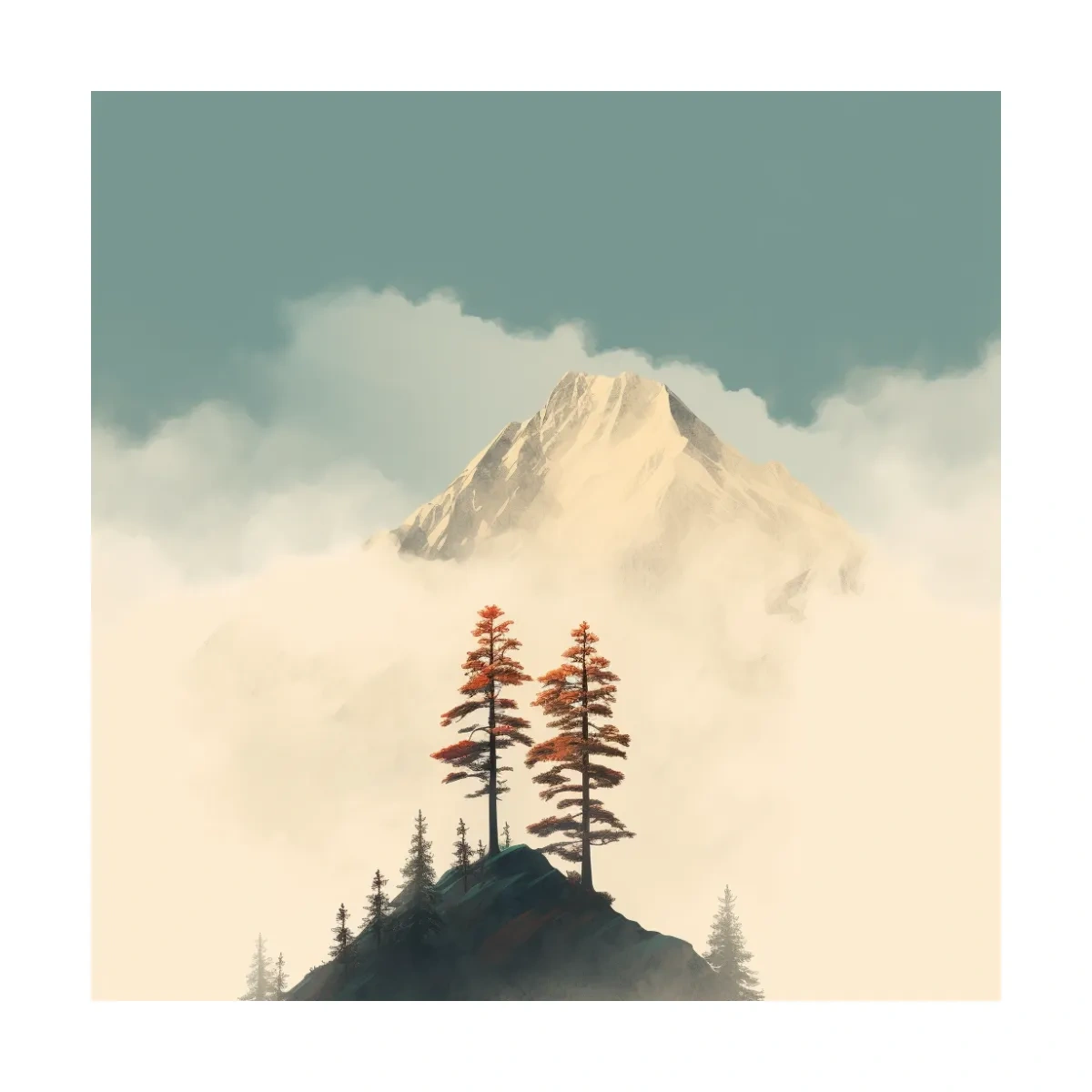 Misty Alpine Peak With Autumn Pines - Minimalist Mountain Artwork