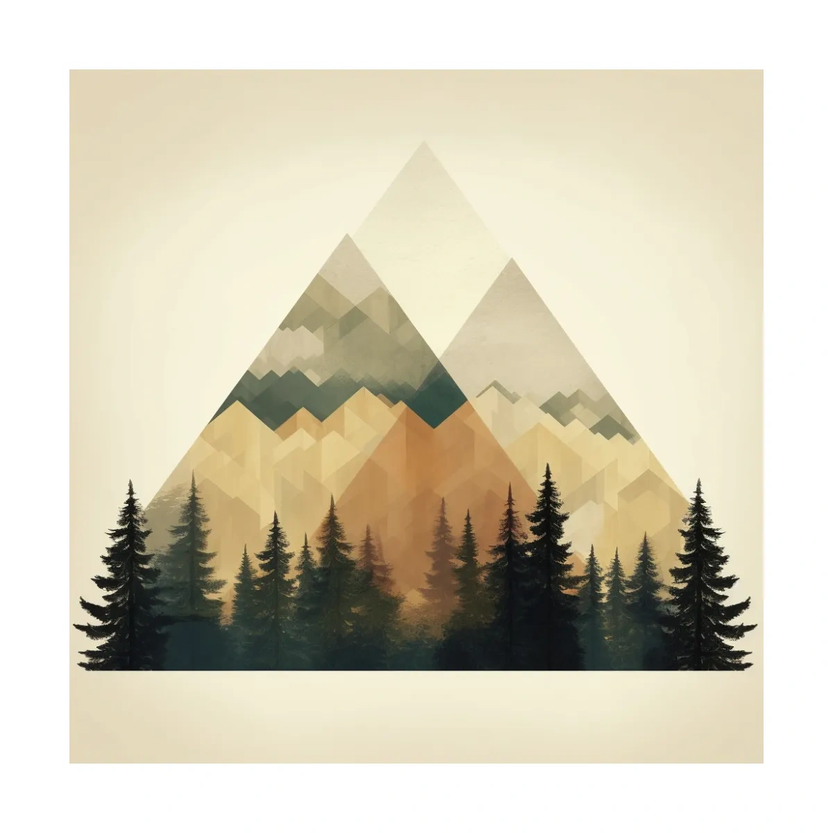 Geometric Mountain Peaks With Pine Forest - Minimalist Scandinavian Alpine Artwork