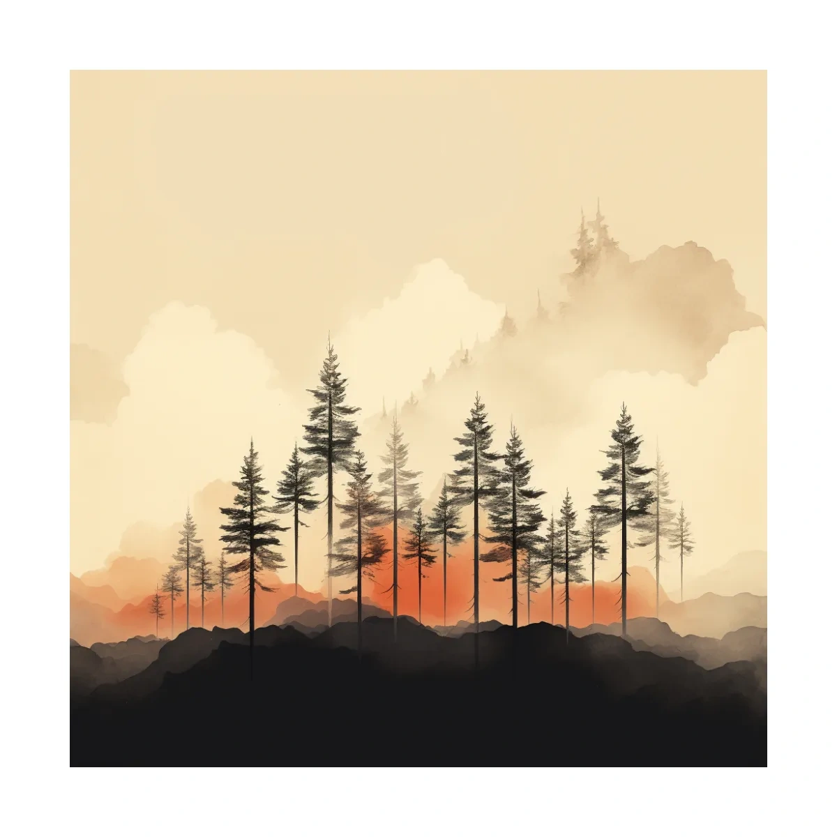 Misty Pine Forest Silhouettes At Sunrise - Minimalist Watercolor Mountain Wall Art