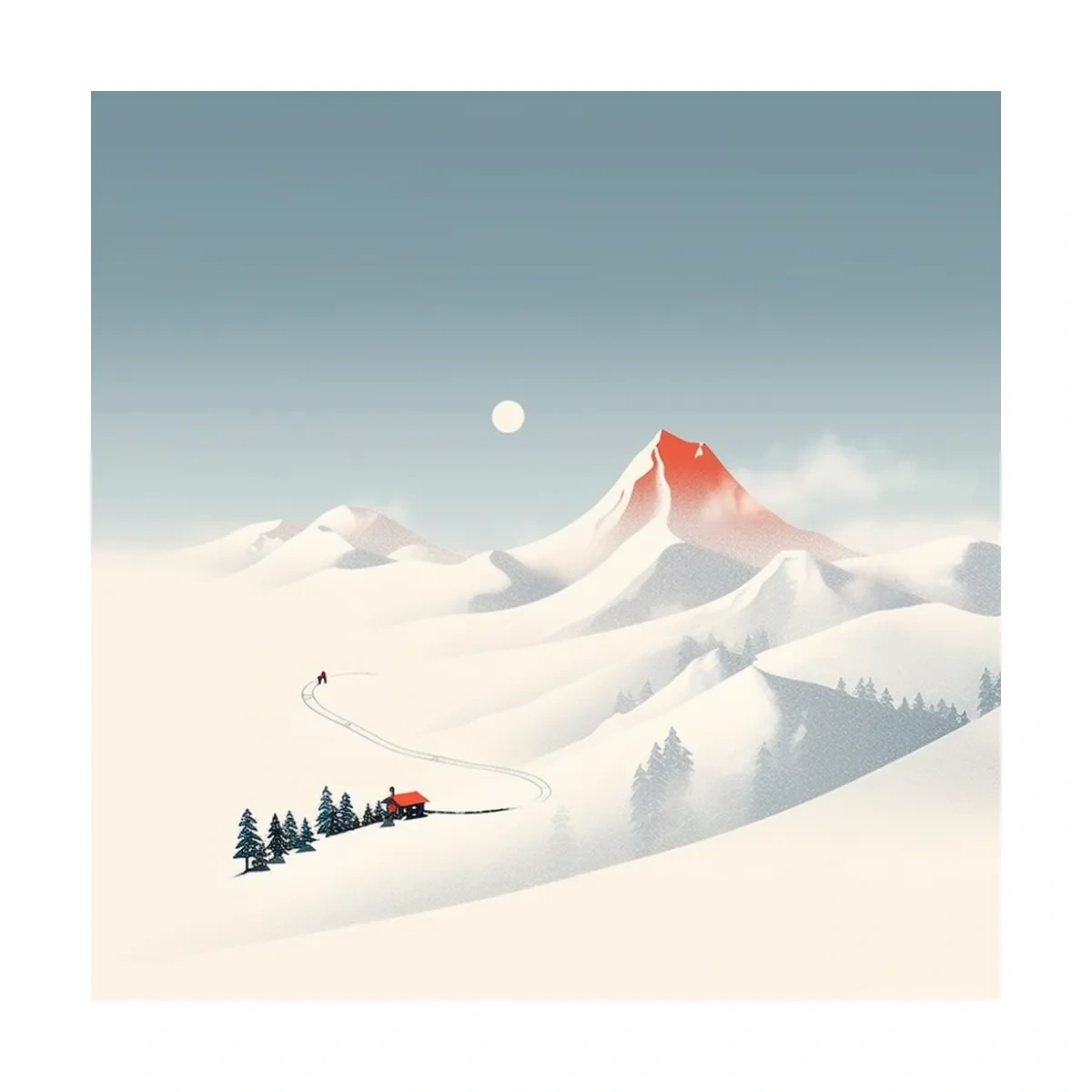 Minimal mountain art, skier leaves skin tracks from the cabin