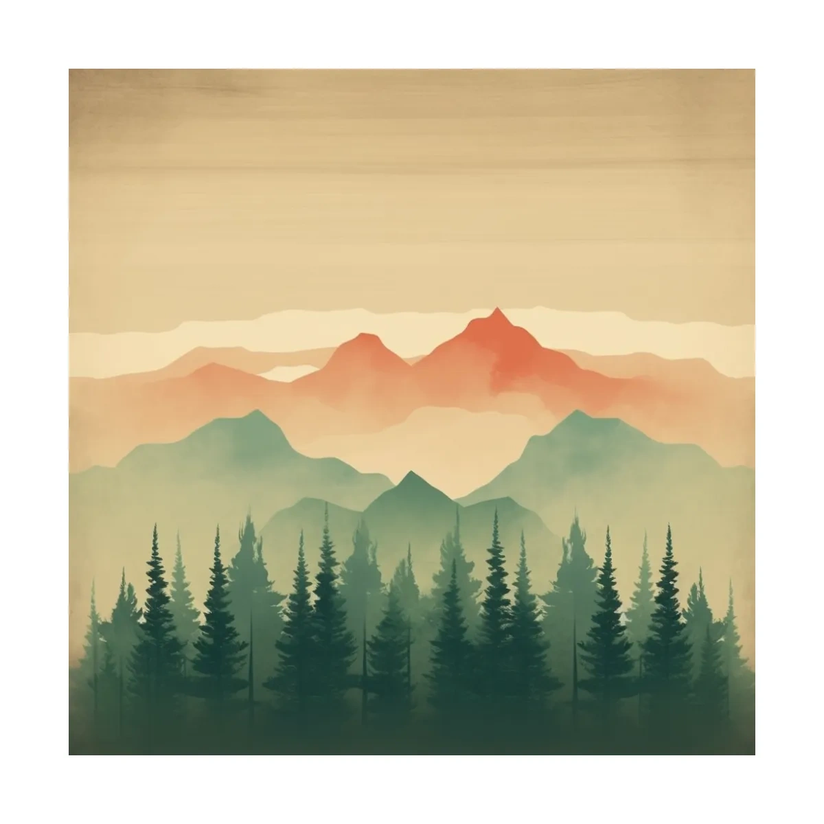 Misty Watercolor Mountain Range Sunrise - Pine Forest Landscape Artwork