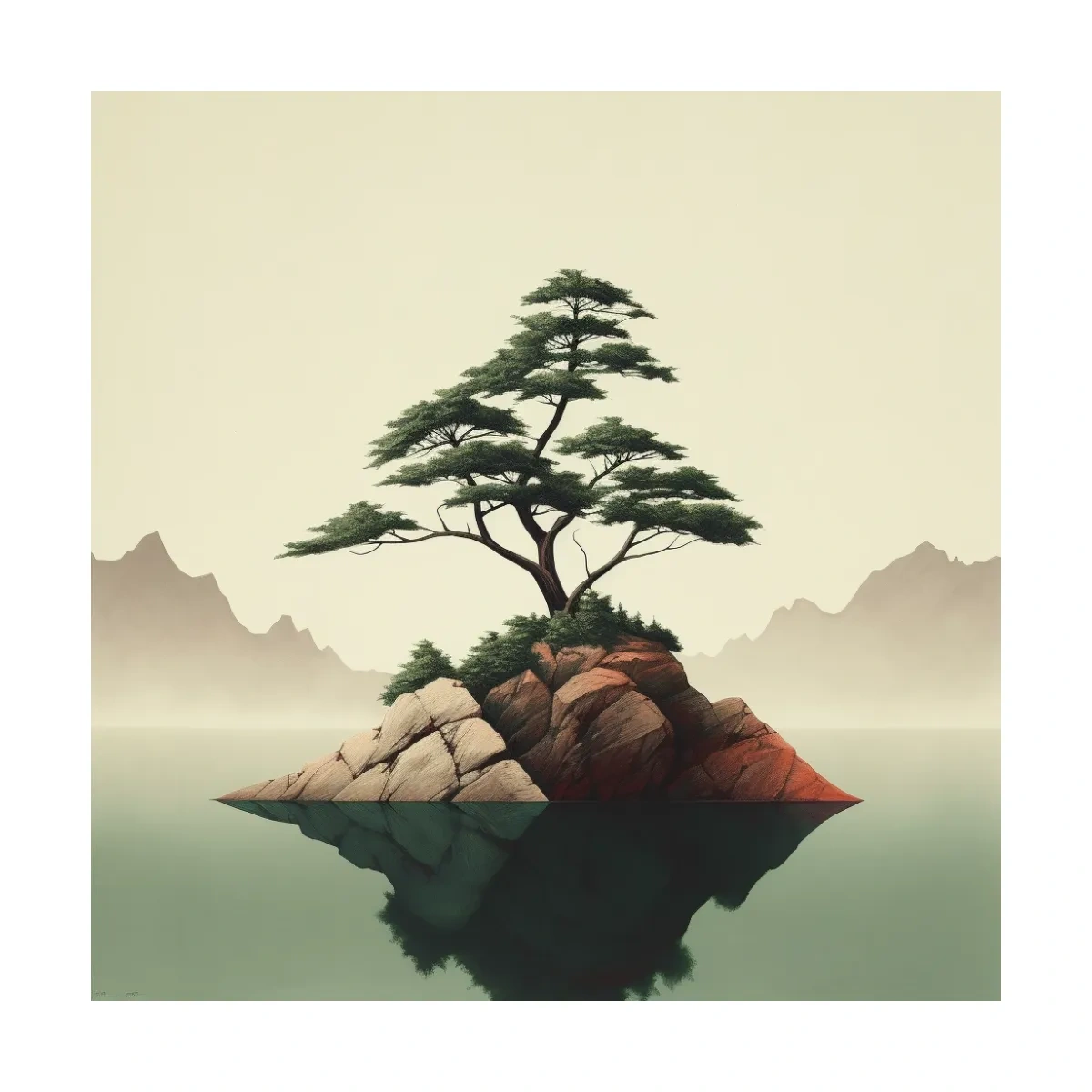 Minimalist Bonsai Pine On Rocky Islet - Japanese Zen Landscape Wall Art