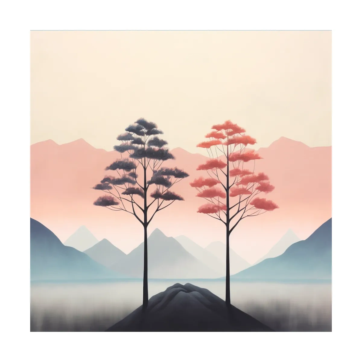 Minimalist Twin Pine Trees Landscape - Serene Pastel Mountain Lake Wall Art