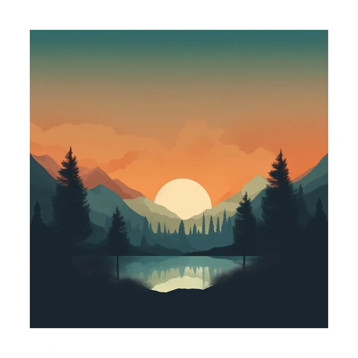 Minimalist Sunset Mountain Lake Reflection - Serene Scandinavian Artwork