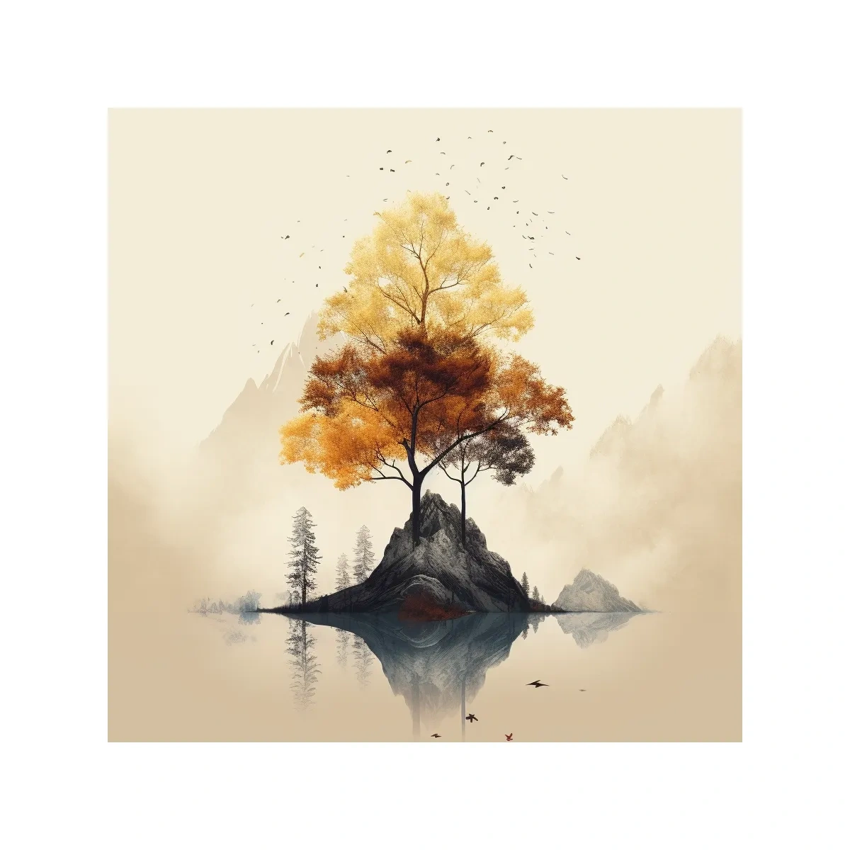 Golden Autumn Tree Island Landscape - Minimalist Watercolor Nature Wall Art