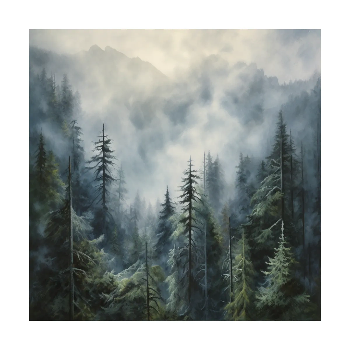 Moody Misty Pine Forest Mountains - Atmospheric Landscape Painting Wall Art