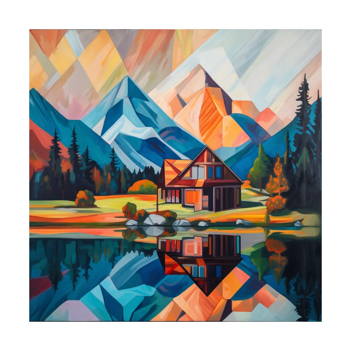 Vibrant Geometric Mountain Cabin Lake Reflection - Abstract Sunrise Wall Art