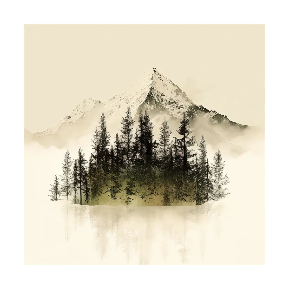 Misty Alpine Mountain Pine Forest Artwork - Minimalist Landscape Wall Art