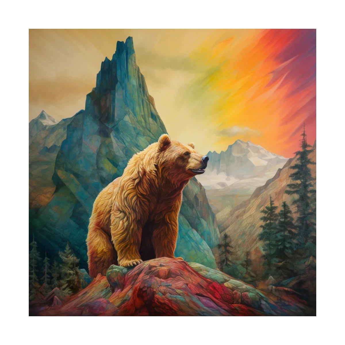 Majestic Grizzly Bear Mountain Landscape - Vibrant Painting Style Wildlife Wall Art