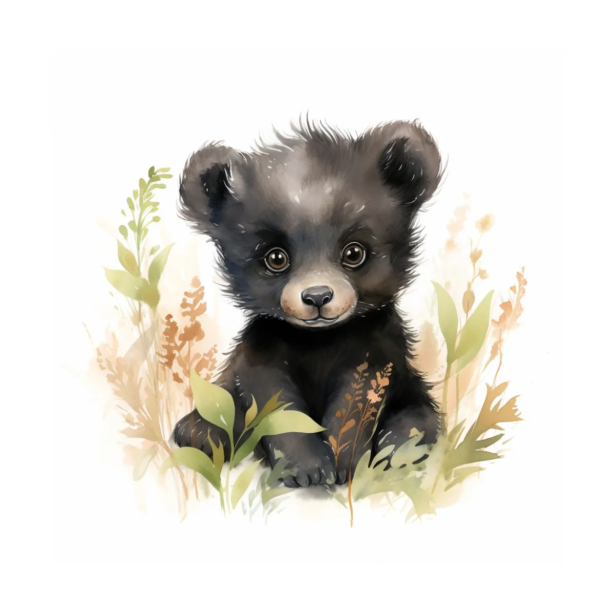 Watercolor painting of a cute black bear cub, nursery art painting