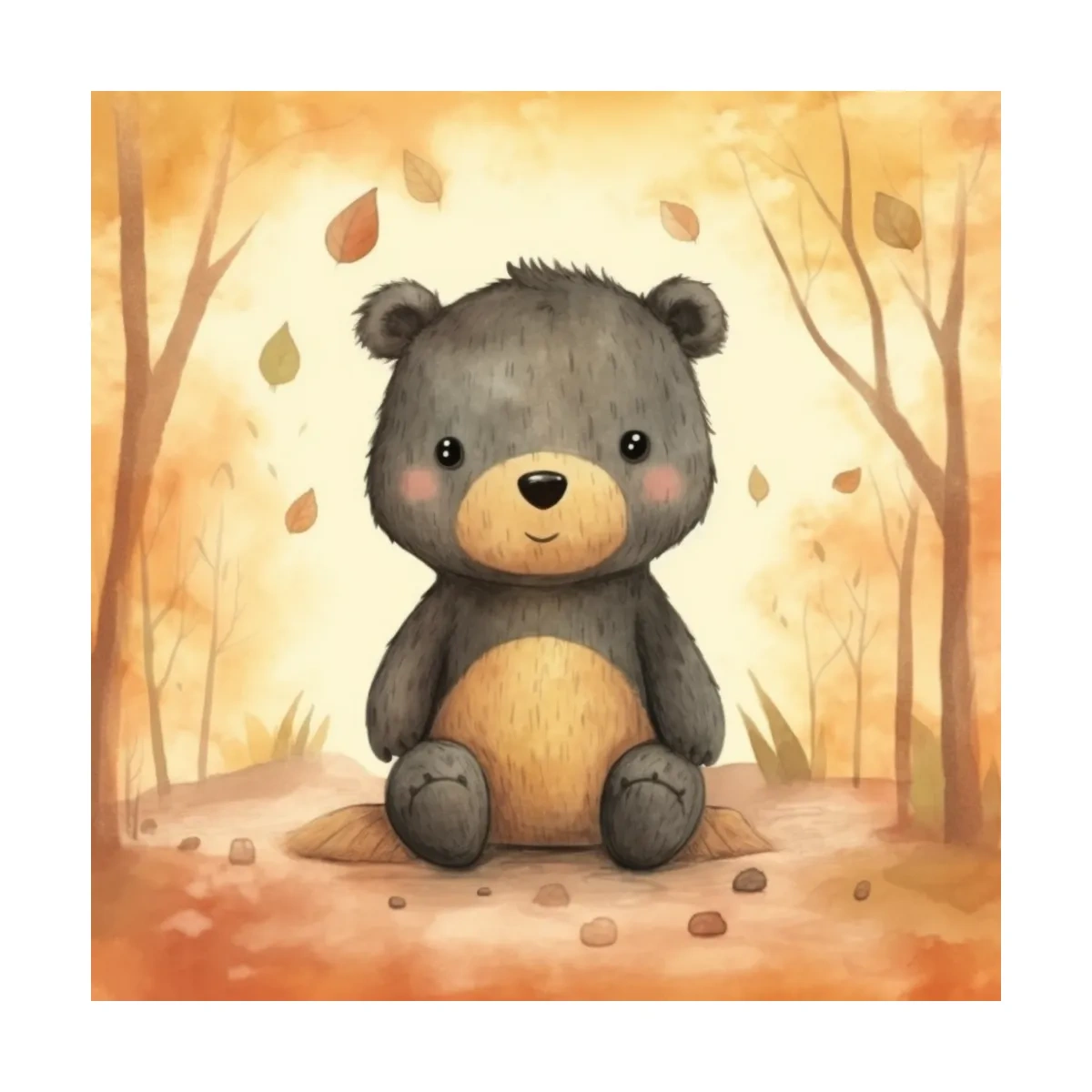 Cute Watercolor Teddy Bear Forest Illustration - Whimsical Nursery Wall Art