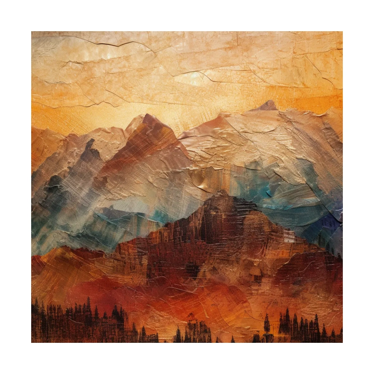Impasto Style Abstract Mountain Range Sunset - Warm Rustic Landscape Wall Art