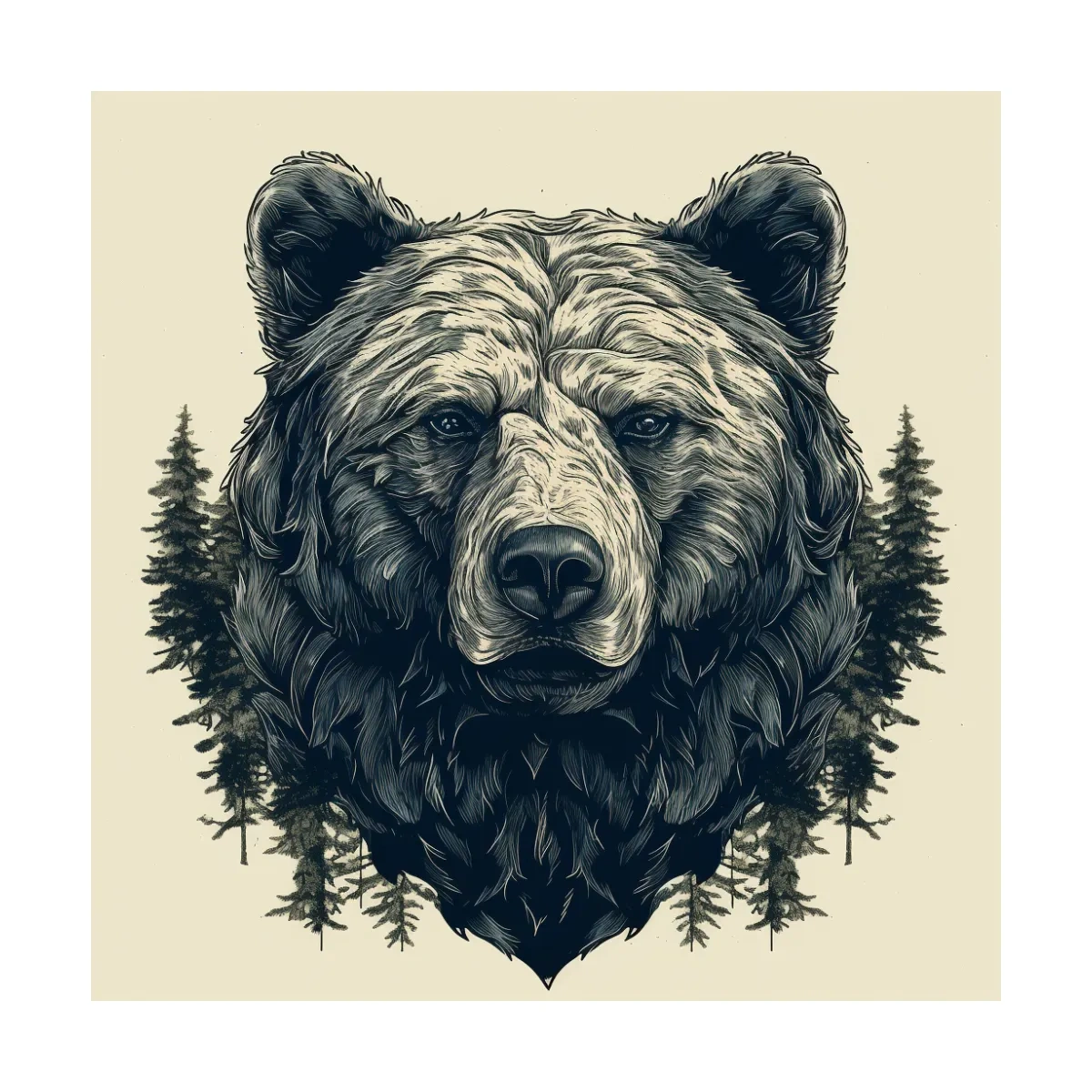 Grizzly Bear Portrait Illustration Artwork - Vintage Wilderness Forest Wall Art