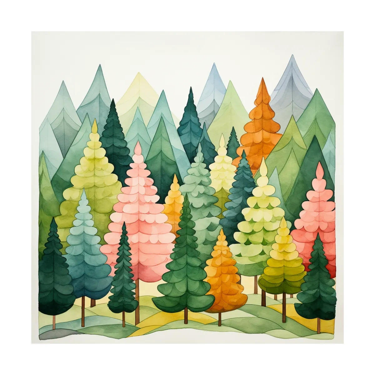 Whimsical Watercolor Pine Forest Mountains - Pastel Nursery Childrens Wall Art