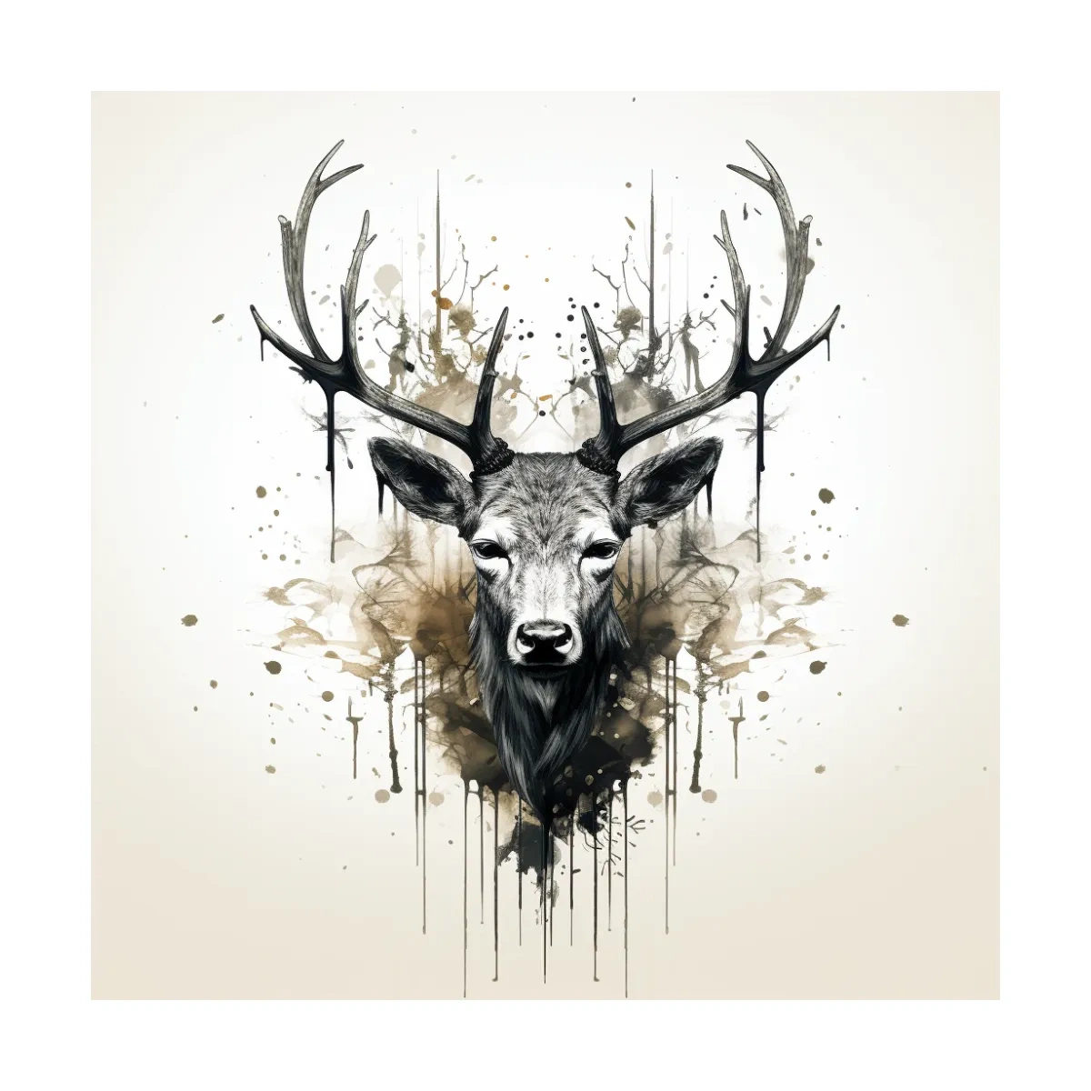 Watercolor Stag Portrait Rorschach Ink Splatter - Rustic Wildlife Artwork