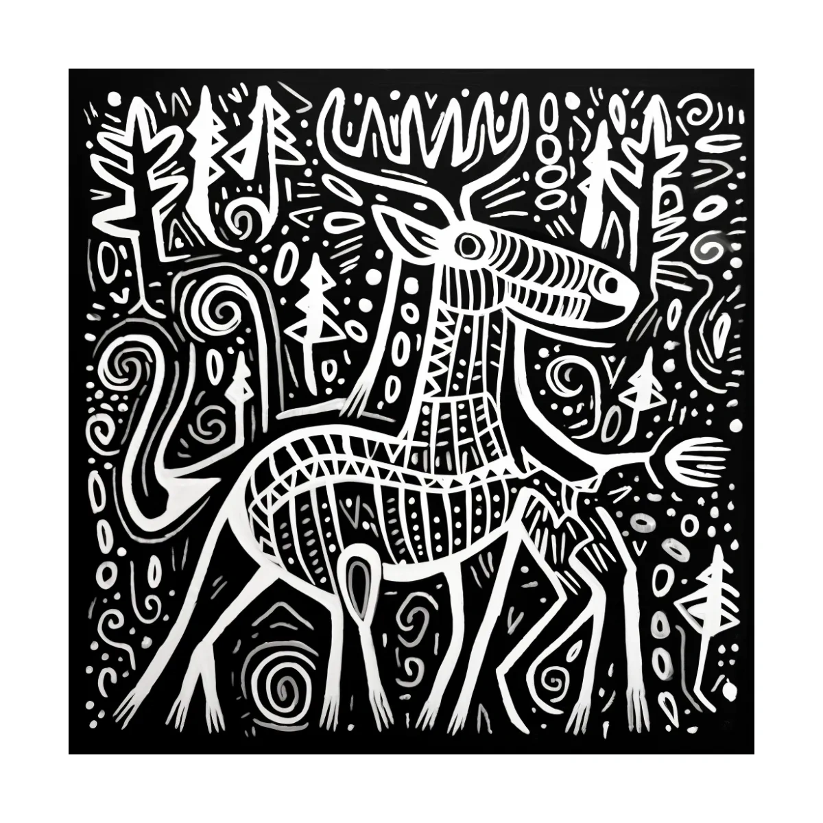Quirky tribal style moose illustration art