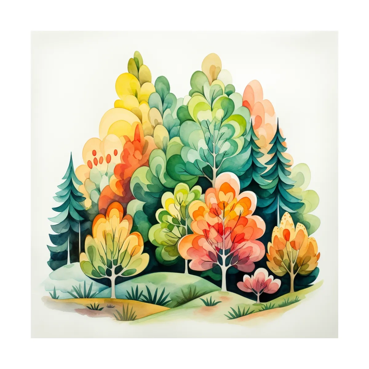 Whimsical Watercolor Forest Trees Illustration - Colorful Botanical Wall Art
