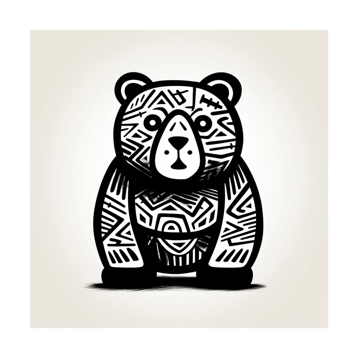 Tribal Pattern Bear Illustration - Quirky Black And White Animal Wall Art