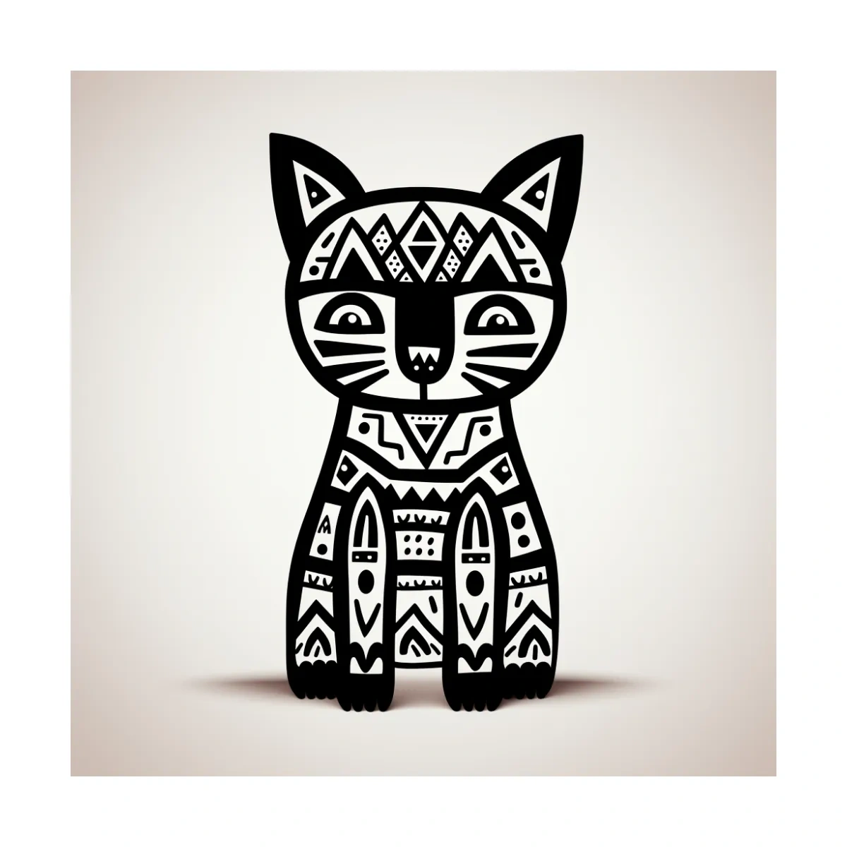 Tribal Geometric Cat Illustration - Black And White Quirky Animal Wall Art