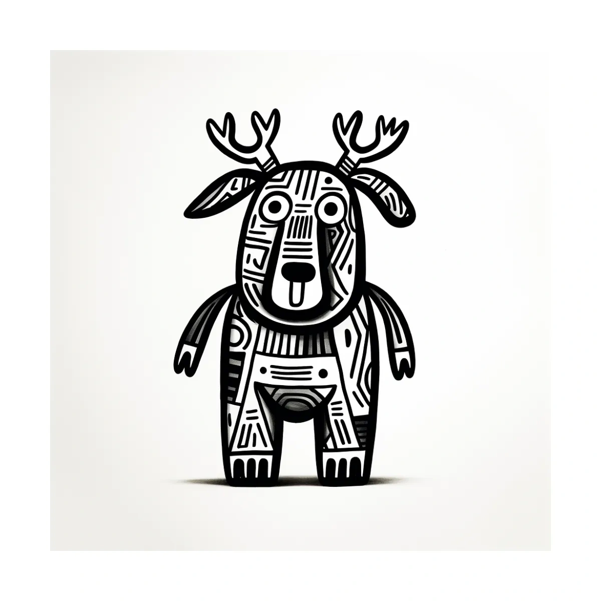 Whimsical Tribal Deer Illustration - Quirky Black And White Animal Wall Art