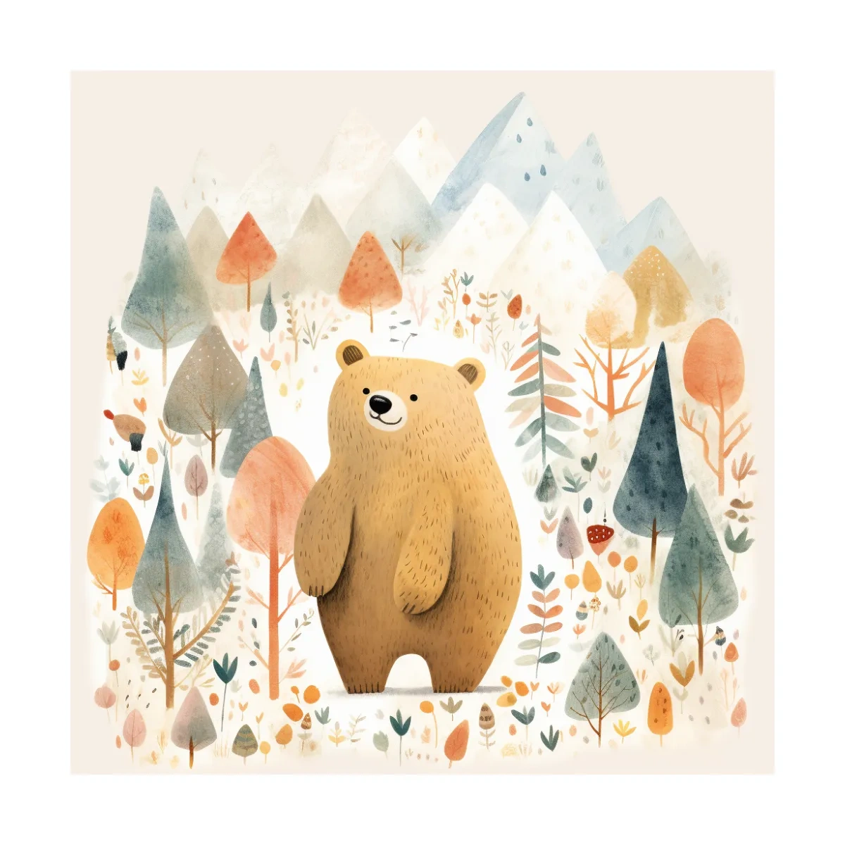 Cute Watercolor Bear In Mountain Forest - Whimsical Nursery Wall Art