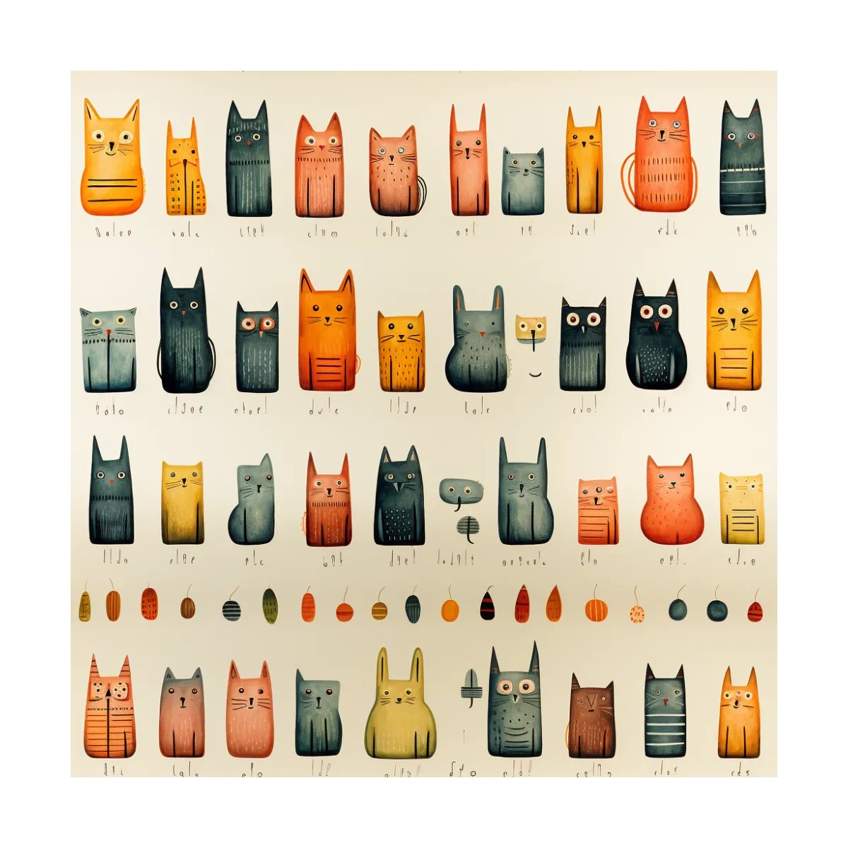 Whimsical Mid Century Cat Pattern Illustration - Colorful Nursery Wall Art