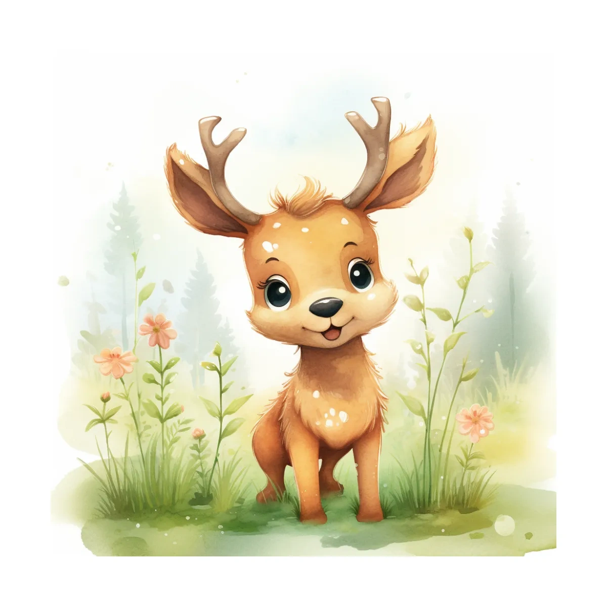 Cute Watercolor Baby Deer Illustration - Woodland Nursery Animal Wall Art
