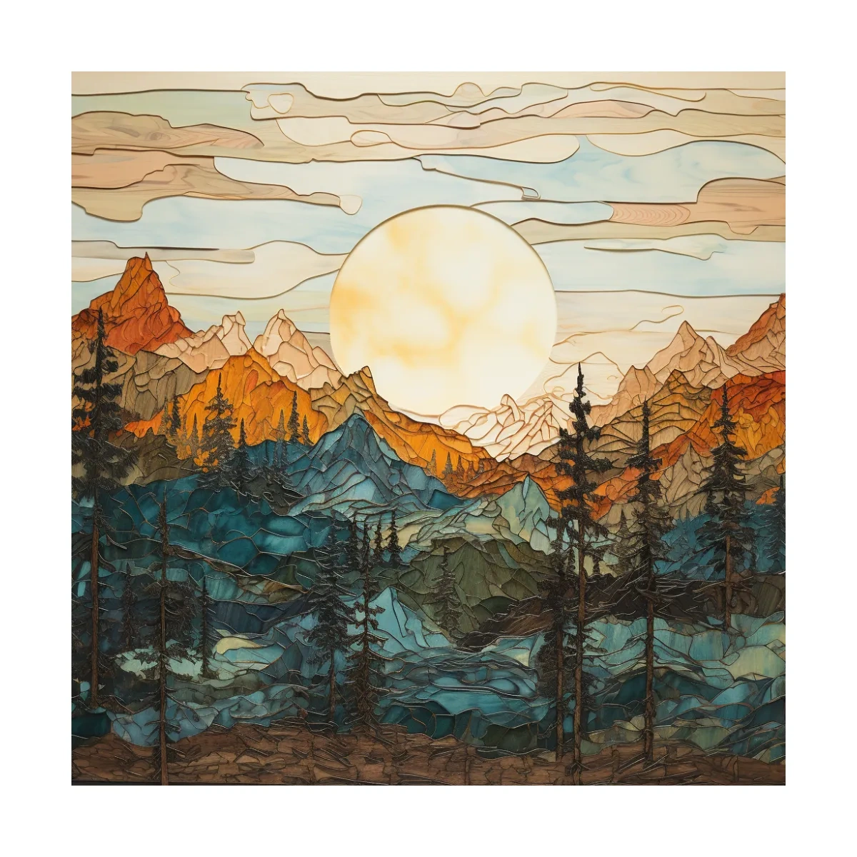 Sunset over the alpine forest mountain art, leadlight stained glass style