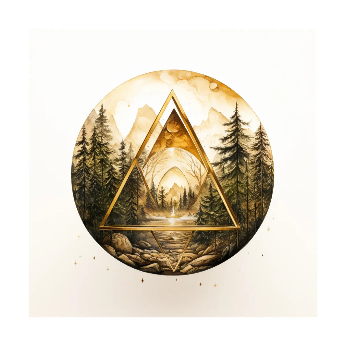 Rustic Mountain Forest Watercolor - Gold Sepia Landscape Wall Art