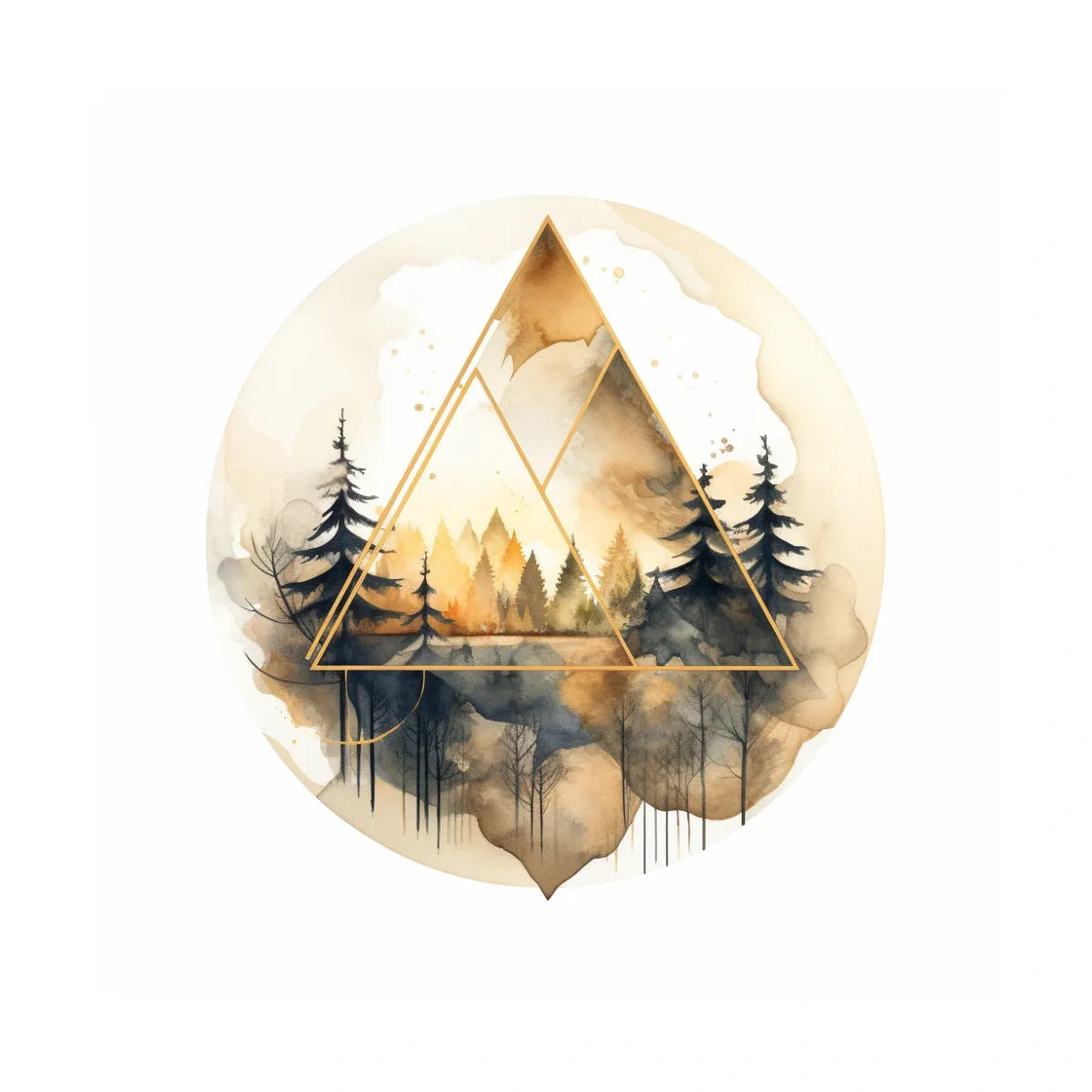 Geometric Watercolor Mountain Forest Landscape - Modern Rustic Nature Wall Art