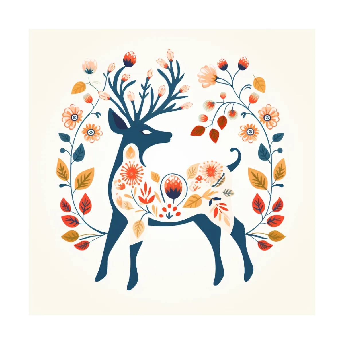 Folk Art Floral Deer Silhouette - Scandinavian Woodland Wall Art