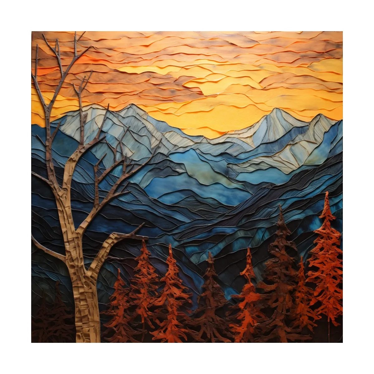 Layered Paper Cut Alpine Mountain Sunset - Mixed Media 3D Landscape Wall Art