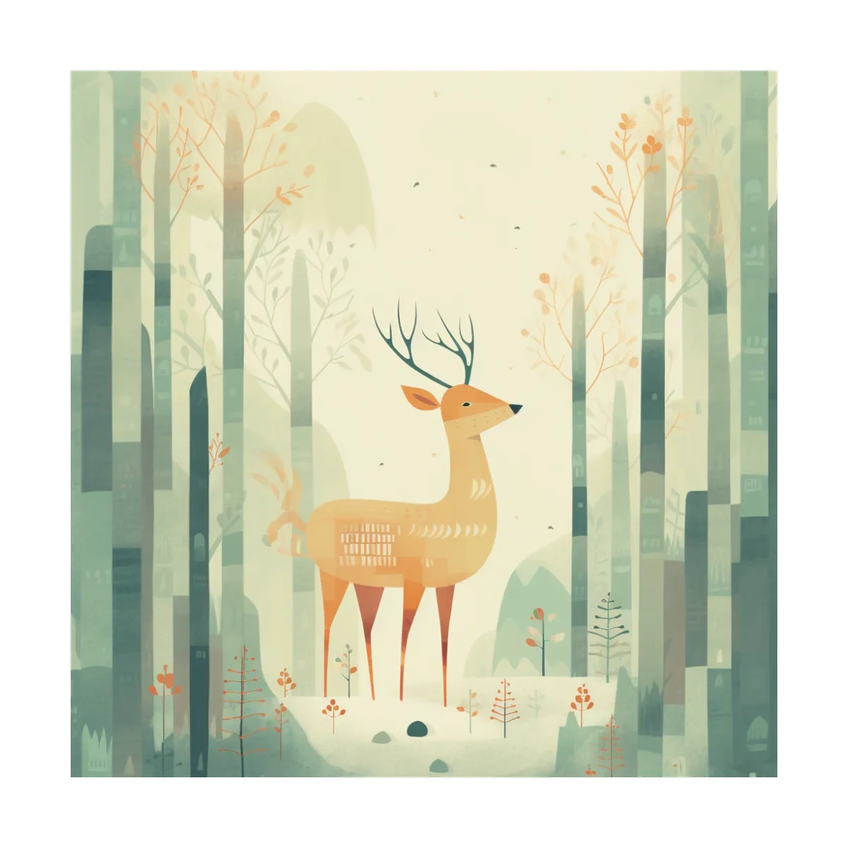 Whimsical Deer In Misty Forest - Minimalist Woodland Nursery Wall Art