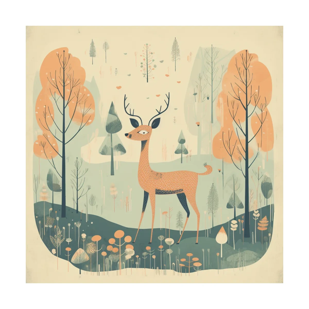 Whimsical Deer in Pastel Forest Illustration - Folk Art Woodland Nursery Wall Art