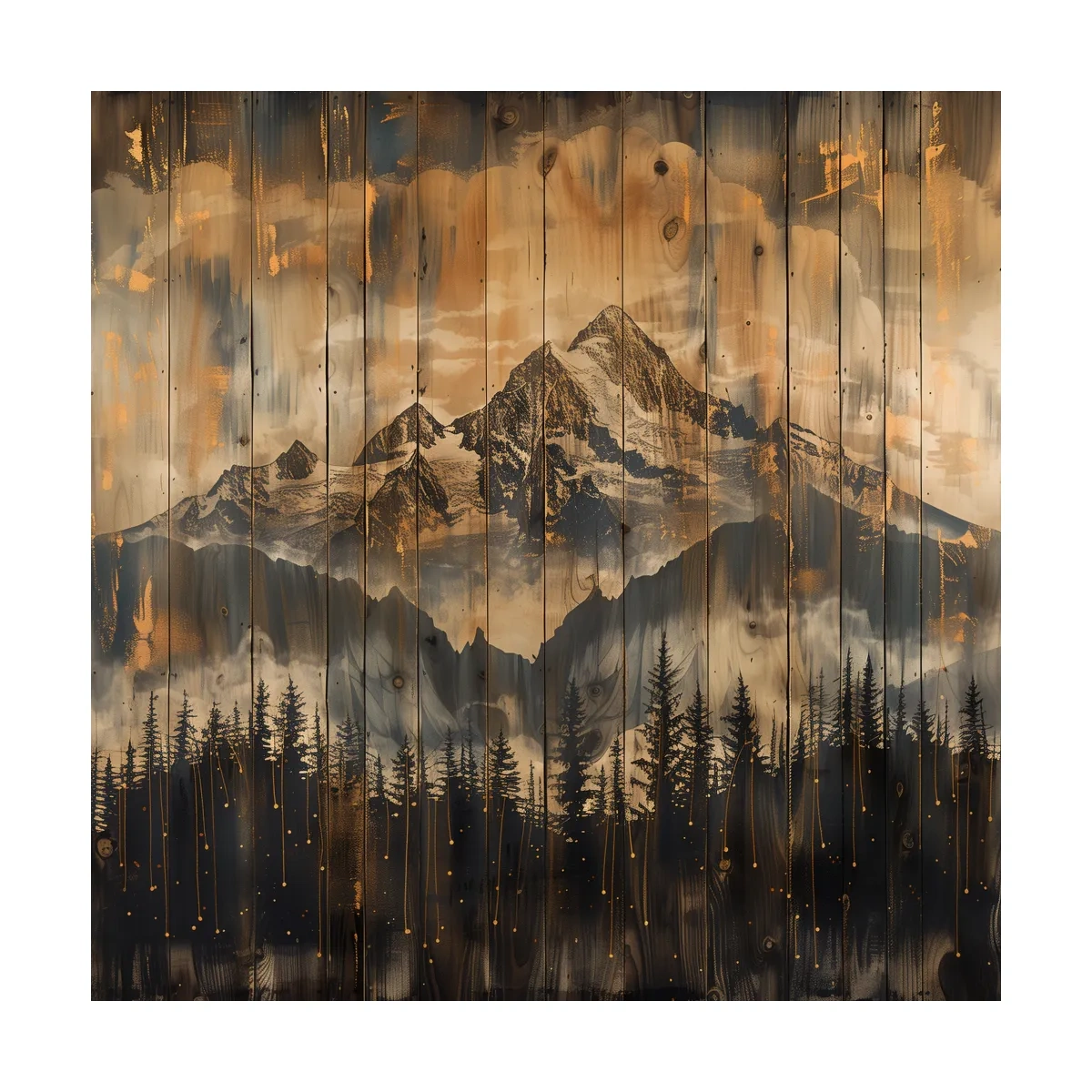 Rustic Mountain Range Over Pine Forest - Vintage Wood Panel Style Landscape Artwork
