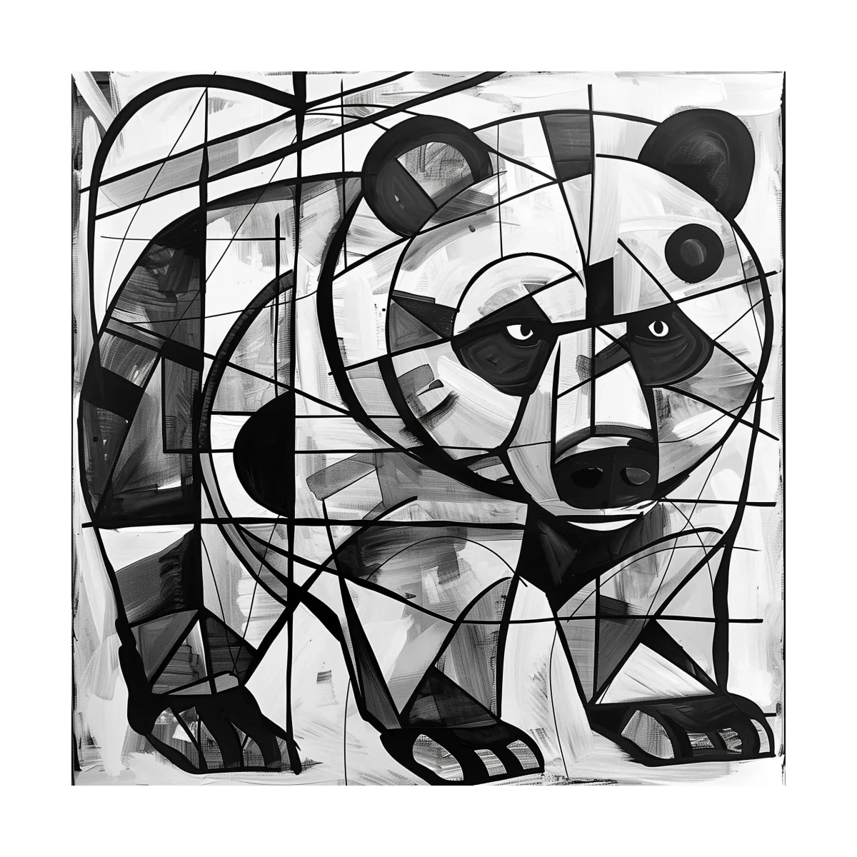 Abstract cubism style painting of a black bear