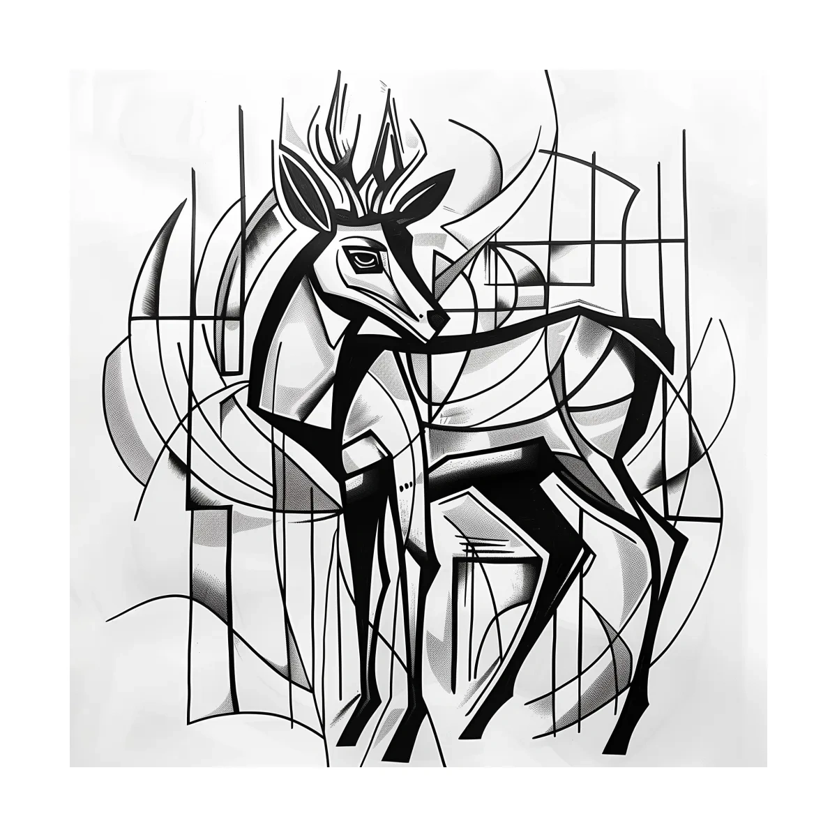 Abstract artwork, geometric deer painting, cubism line art