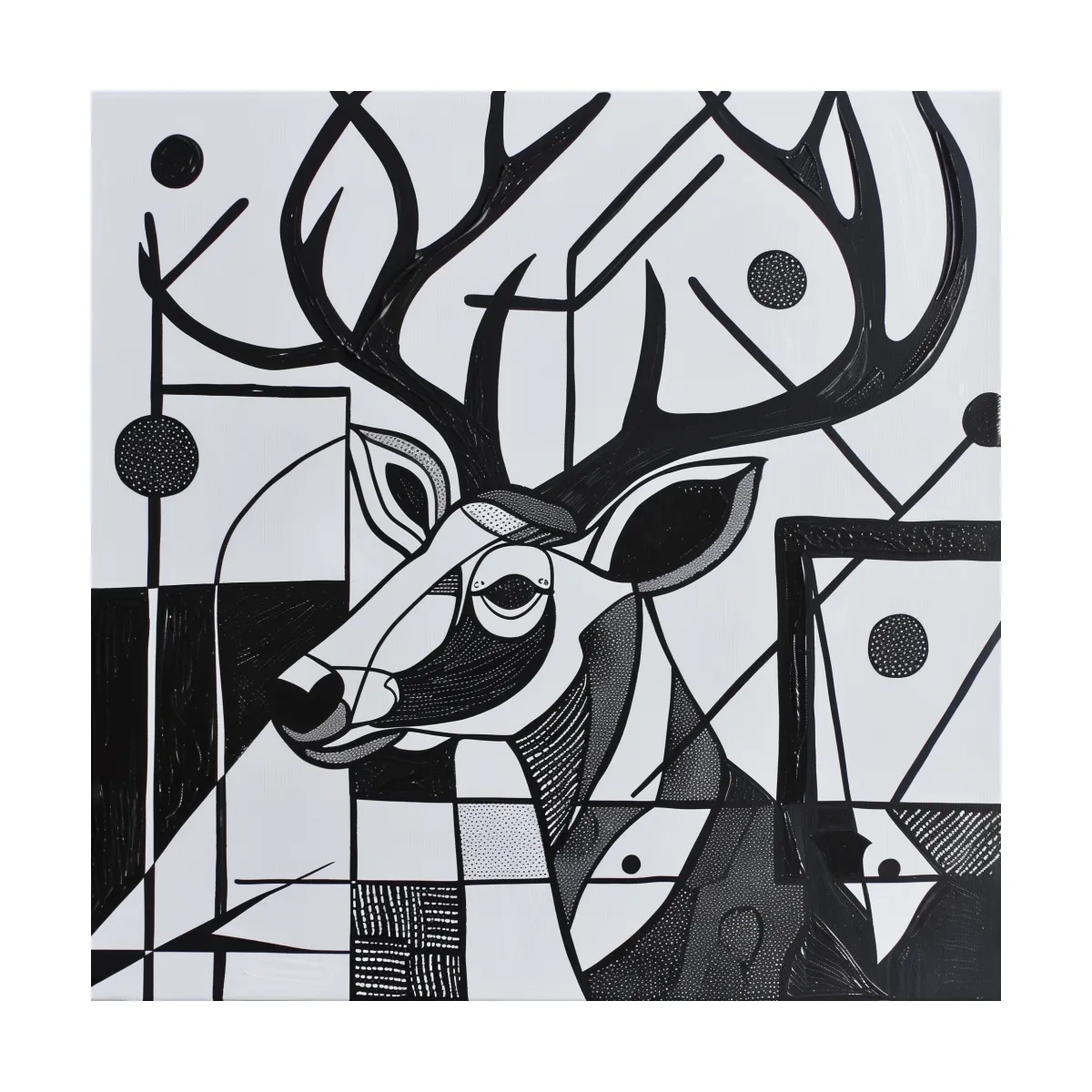 Abstract painting, black & white deer head and antlers artwork