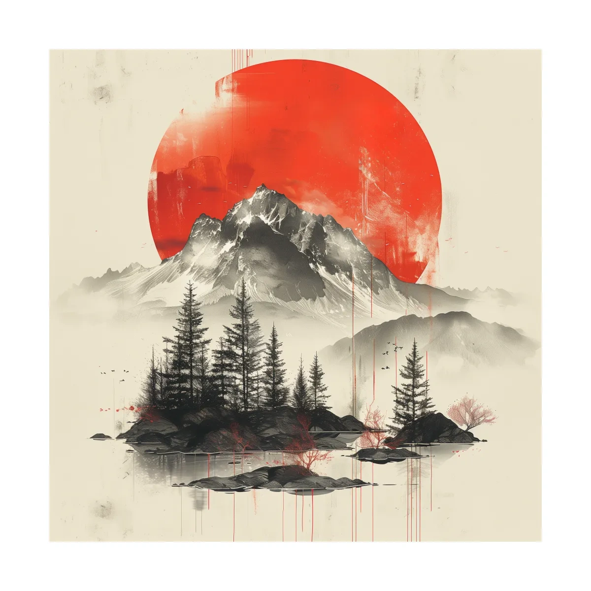Japandi style minimalist artwork, sunset over a mountain glacier