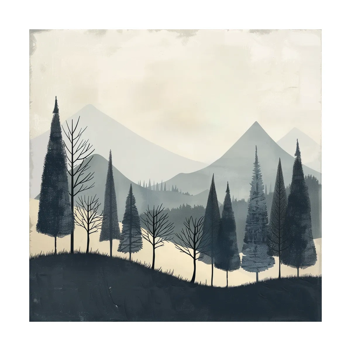 Minimalist Nordic Mountain Forest Landscape - Serene Scandinavian Nature Wall Art