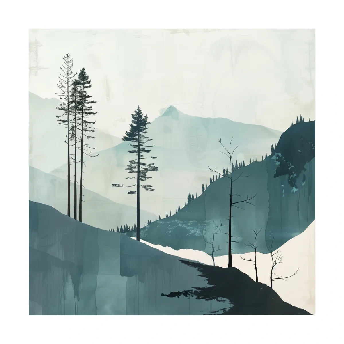 Minimalist Nordic Forest Artwork - Scandinavian Alpine Mountain Wall Art