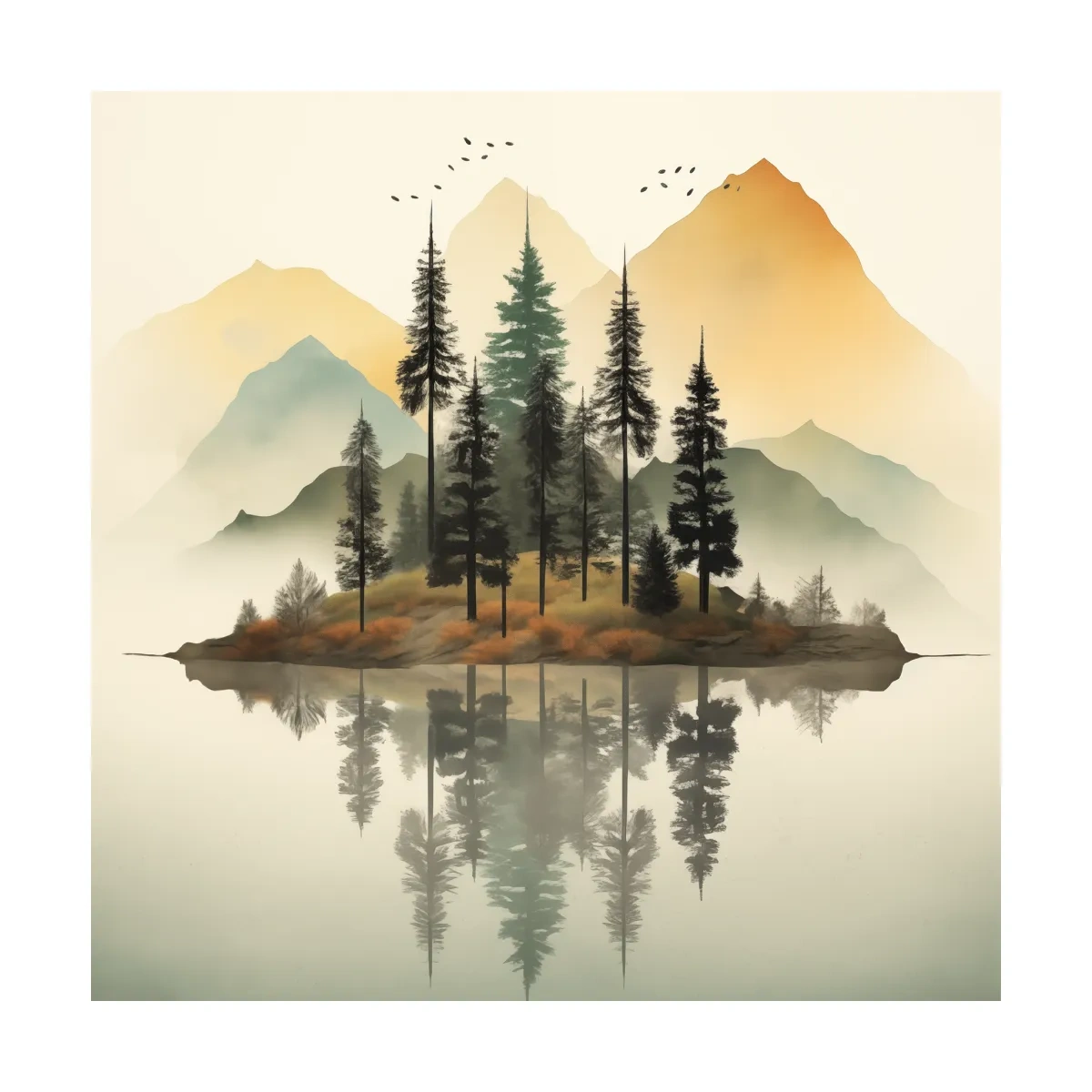 Misty Pine Forest Island Reflection - Minimalist Mountain Lake Wall Art