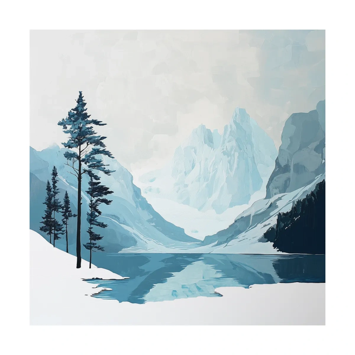 Minimalist Icy Mountain Lake - Scandinavian Winter Landscape Artwork