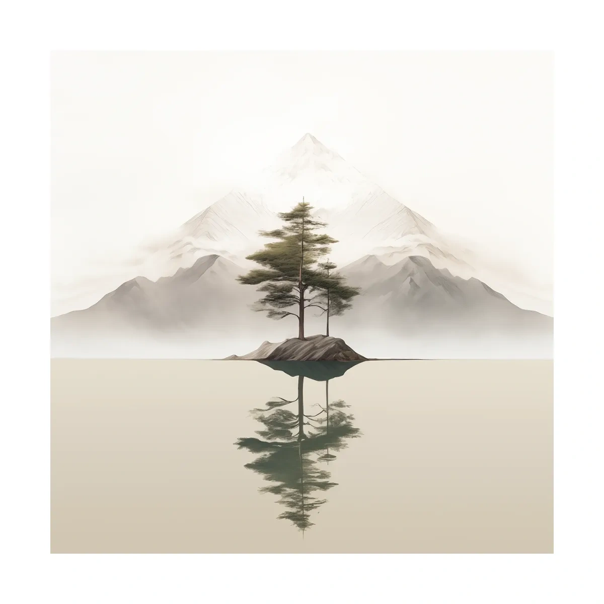 Minimalist Misty Lake Landscape Artwork - Serene Zen Pine Tree Reflection Art