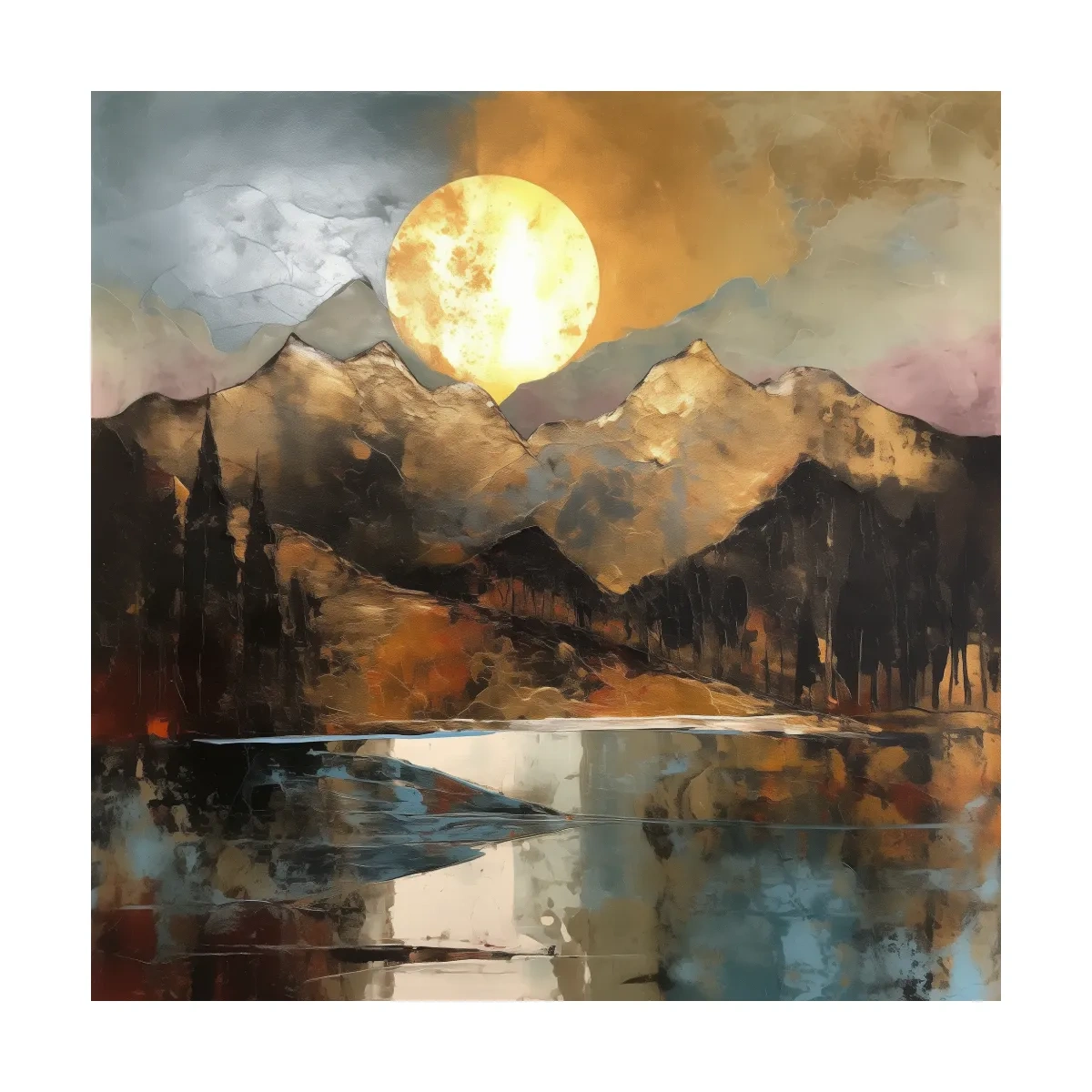 Alpine Mountain Lake Sunset Painting - Textured Golf Leaf Style Wall Art