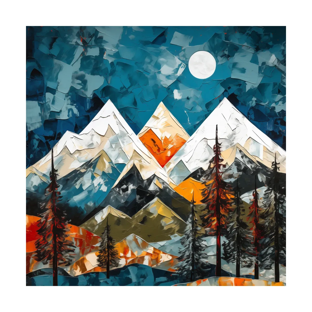 Abstract Impasto Style Mountain Nightscape - Moonlit Alpine Landscape Wall Art