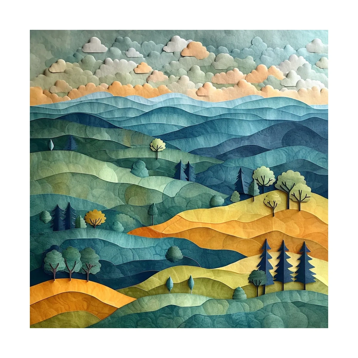 Layered Paper Cut Mountain Landscape - Mixed Media Forest Wall Art