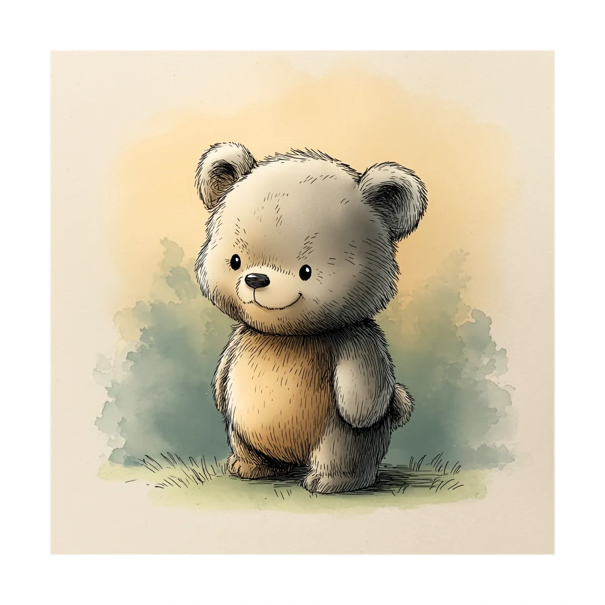 Cute Watercolor Teddy Bear Illustration - Whimsical Nursery Animal Wall Art