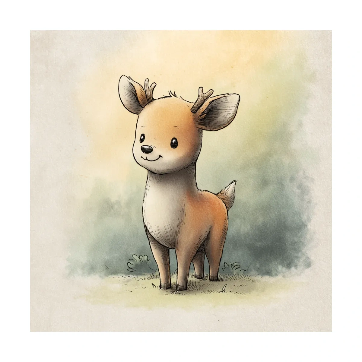 Cute Baby Deer Watercolor Illustration - Whimsical Woodland Nursery Wall Art